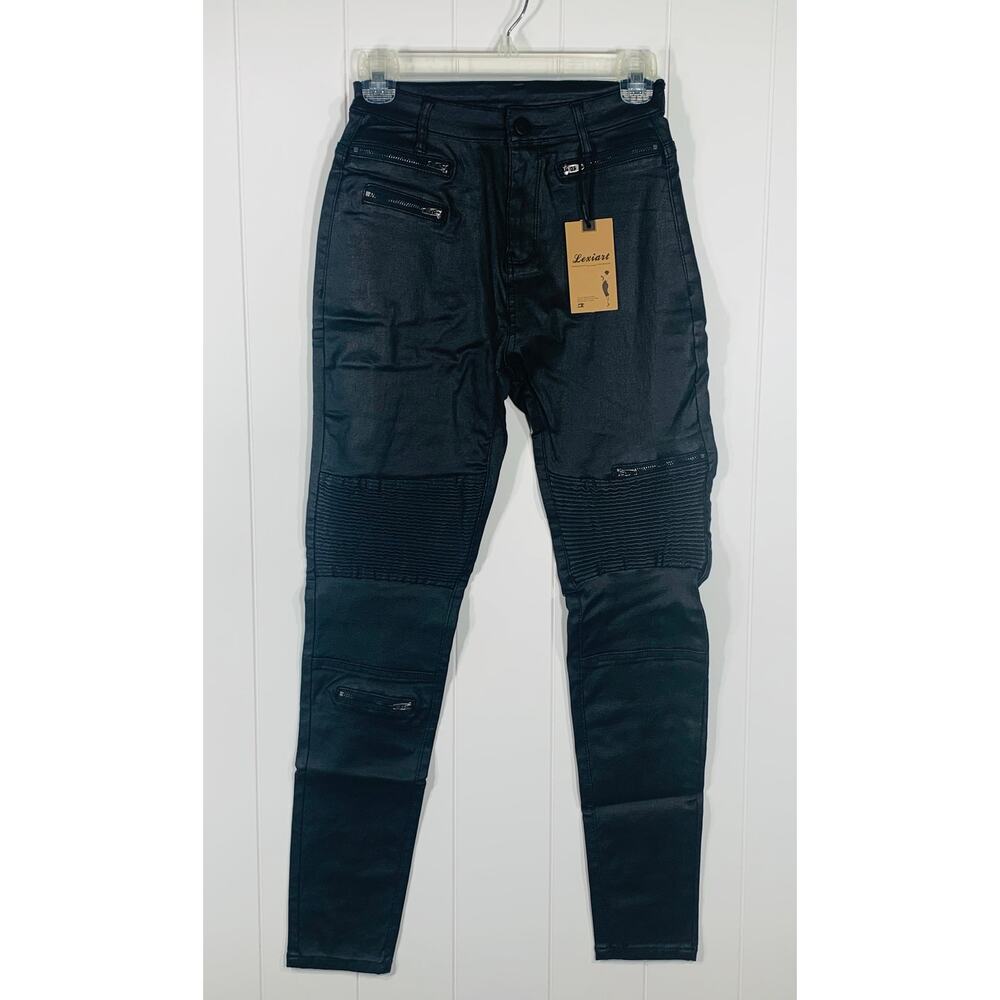 Women’s Lexiart Black Moto Coated Jeans Stretch Fit Size 4 NEW!